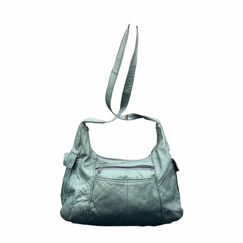 Vintage Metallic Green Genuine Leather Hobo Shoulder Bag longer strap